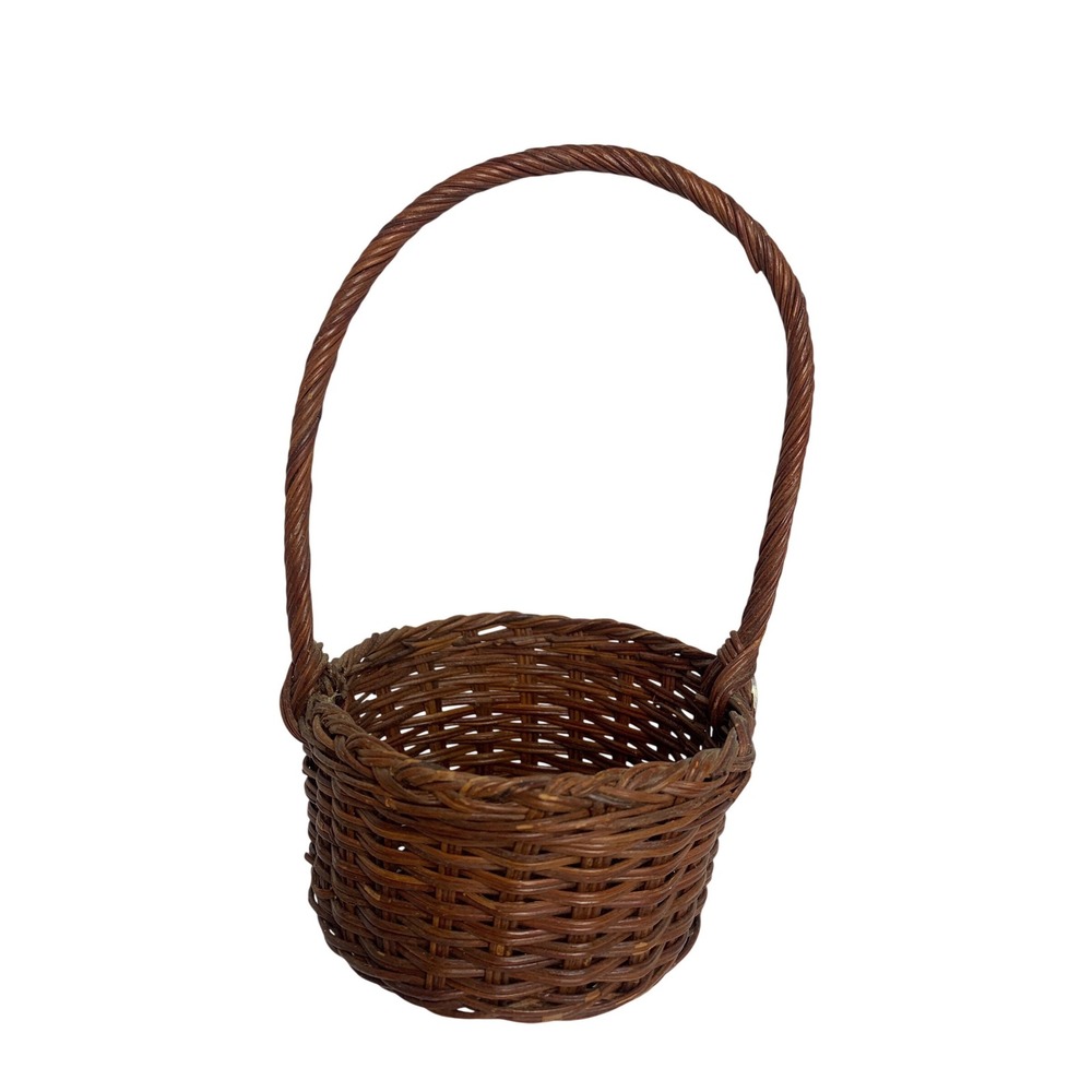 Vintage Dark Brown Round Wicker Basket with High Arched Handle Cottagecore Decor